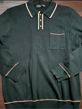 PJ Paul Jones Men's Forest Green Long Sleeve Polo with Contrast Trim Size Medium